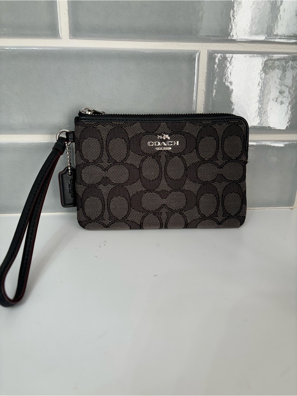 Coach Signature C Jacquard Wristlet Pouch Bag- Black, Silver